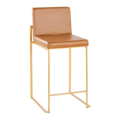 Fuji 26" Contemporary High Back Barstool in Gold Metal and Camel Faux Leather by LumiSource - Set of 2