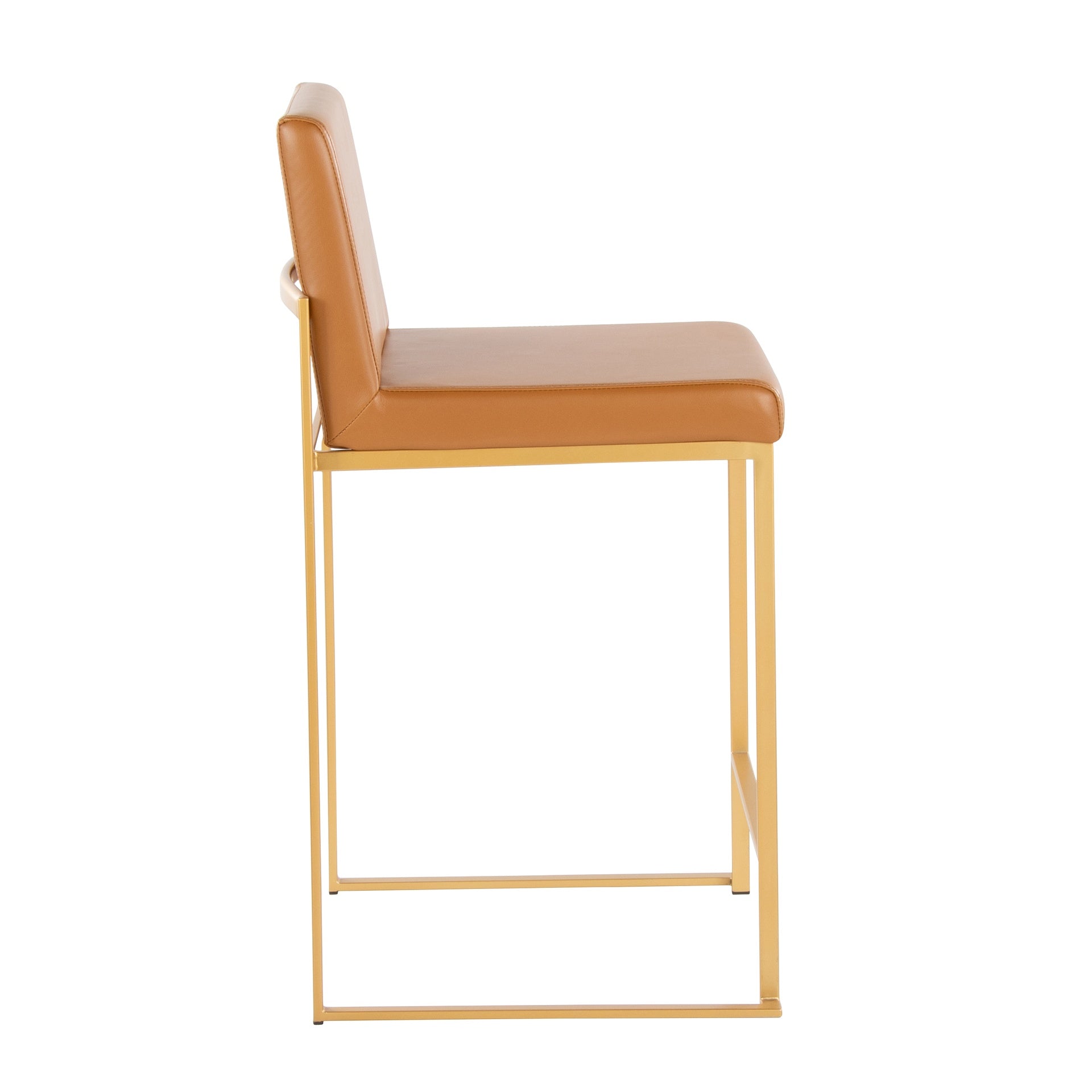 Fuji 26" Contemporary High Back Barstool in Gold Metal and Camel Faux Leather by LumiSource - Set of 2