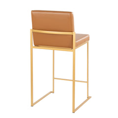 Fuji 26" Contemporary High Back Barstool in Gold Metal and Camel Faux Leather by LumiSource - Set of 2
