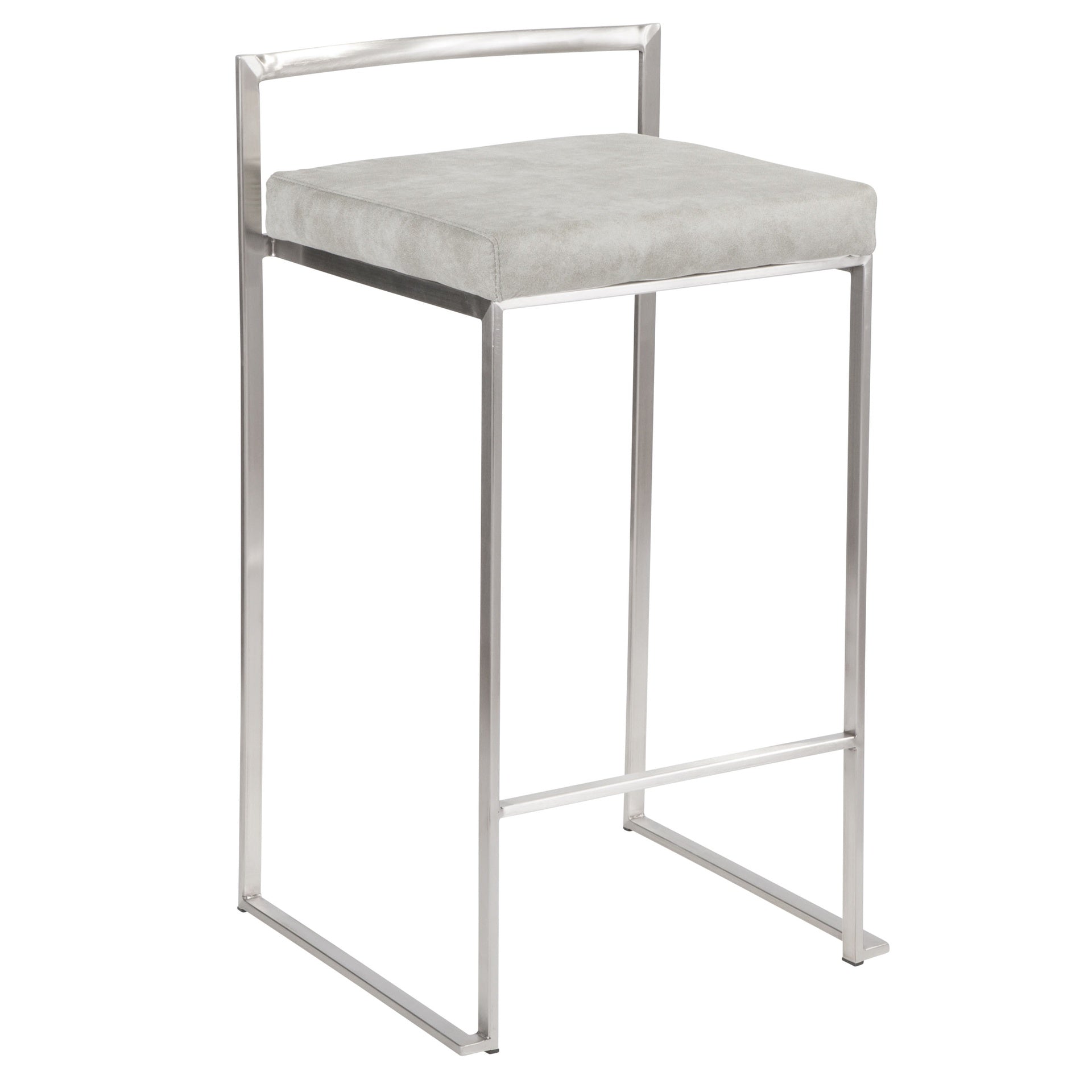 Fuji Contemporary Stackable Counter Stool in Stainless Steel with Light Grey Cowboy Fabric Cushion by LumiSource - Set of 2
