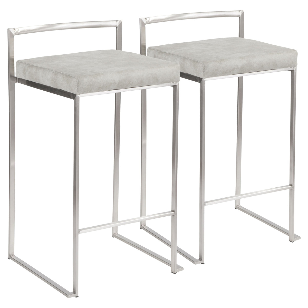 Fuji Contemporary Stackable Counter Stool in Stainless Steel with Light Grey Cowboy Fabric Cushion by LumiSource - Set of 2
