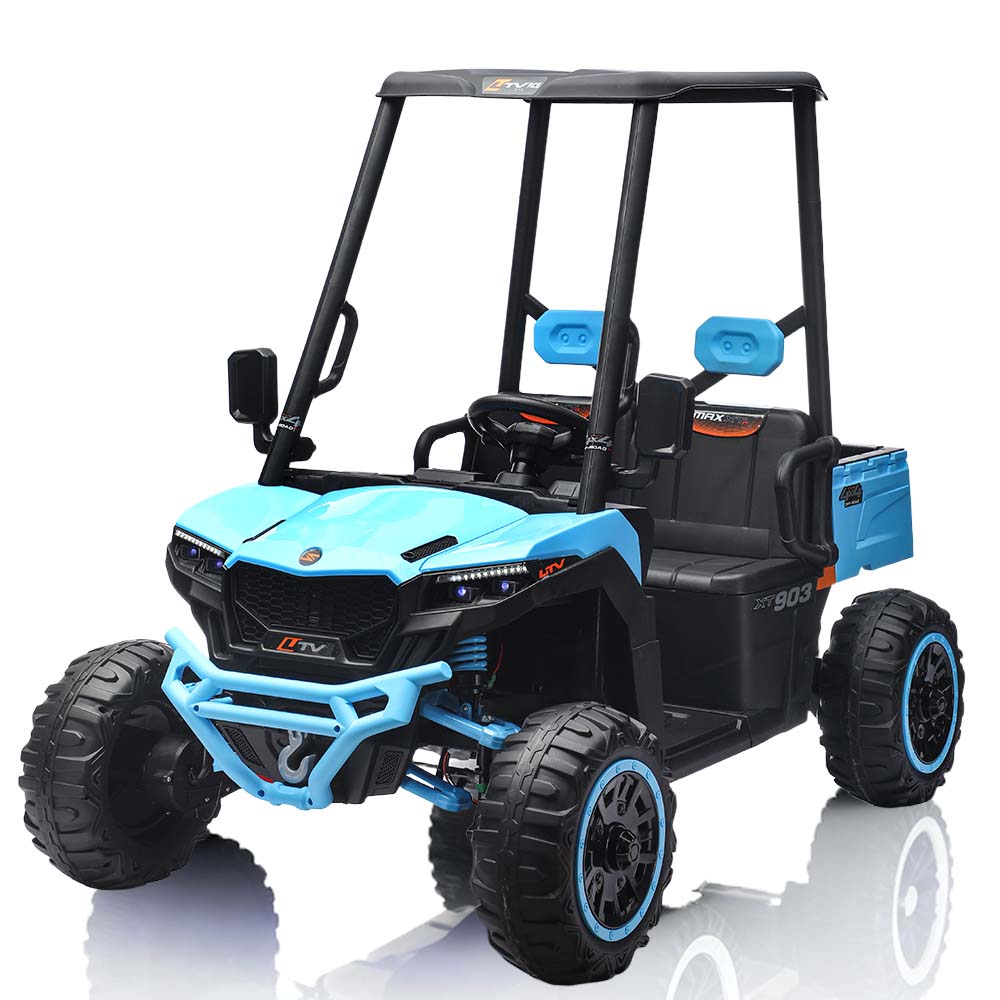 24V Kids Golf Cart, 4WD 2 Seater Ride on Car w/Sun Shade, Storage Trunk & Remote Control, Electric Vehicle w/LED Lights, Realistic Sounds & Wireless Connection, Gift for Boys Girls 3+ (Blue)