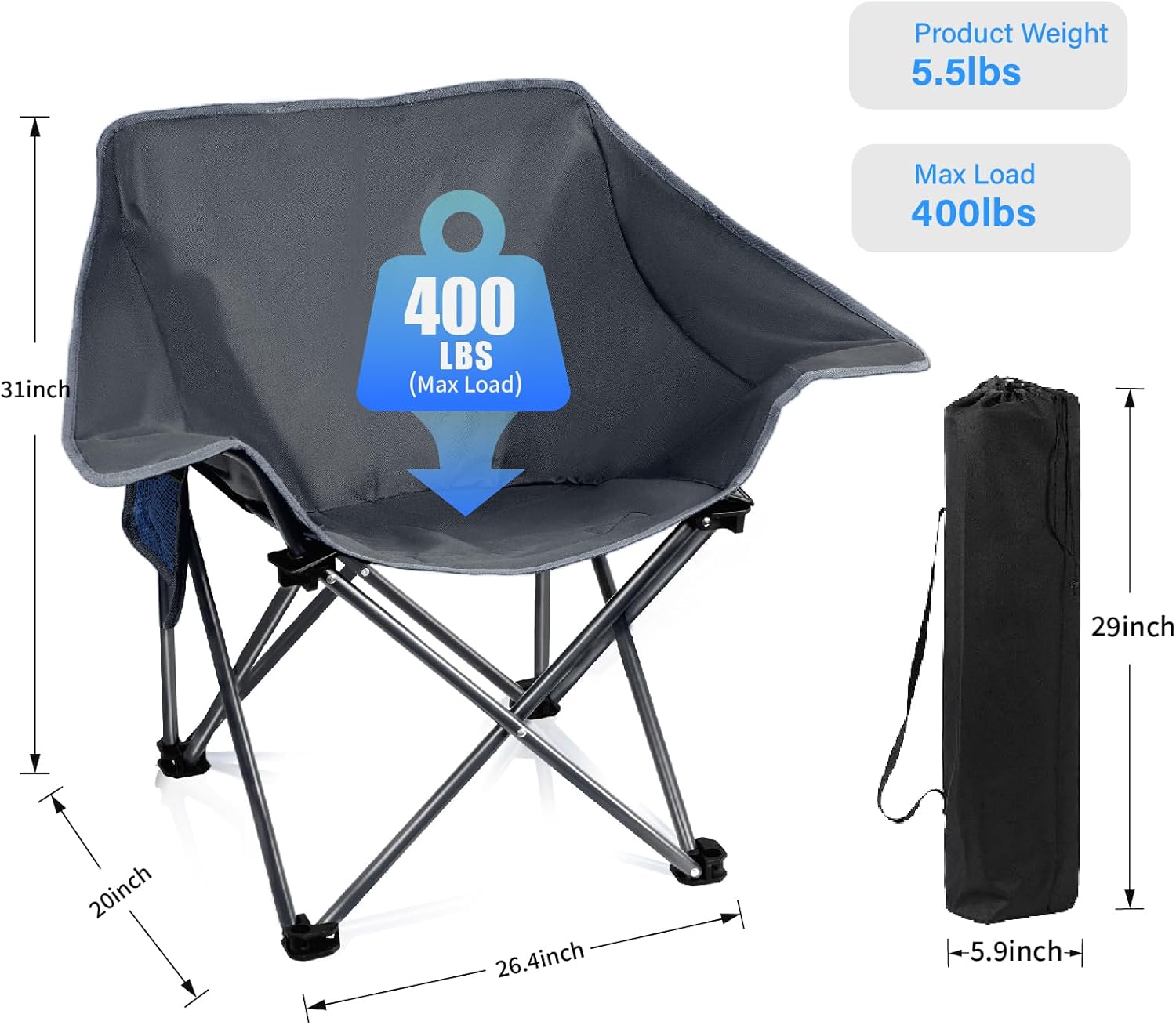 Pack Portable Camping Chair Compact Collapsible Outdoor Folding Sports Chairs for Adults Heavy Duty Camp Sporting Events Park Lawn 400 Lbs Black Gray