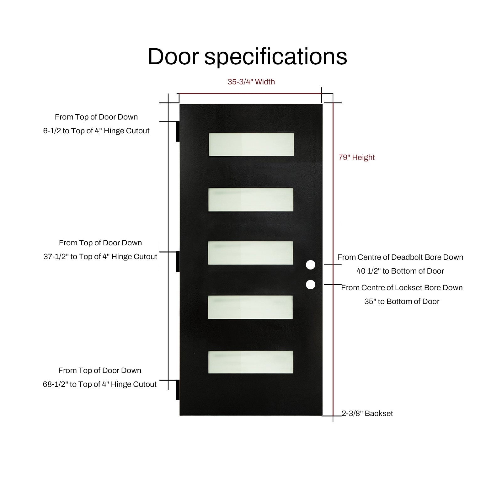 36 x 80 Fiberglass Entry Door with Brickmould, Frosted Glass, Black Finished Knock-Down Fiberglass Door - Contemporary Style for Home's Front Entrance, Left Hand Inswing with White Vinyl Frame