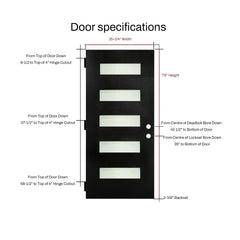36 x 80 Fiberglass Entry Door with Brickmould, Frosted Glass, Black Finished Knock-Down Fiberglass Door - Contemporary Style for Home's Front Entrance, Left Hand Inswing with White Vinyl Frame