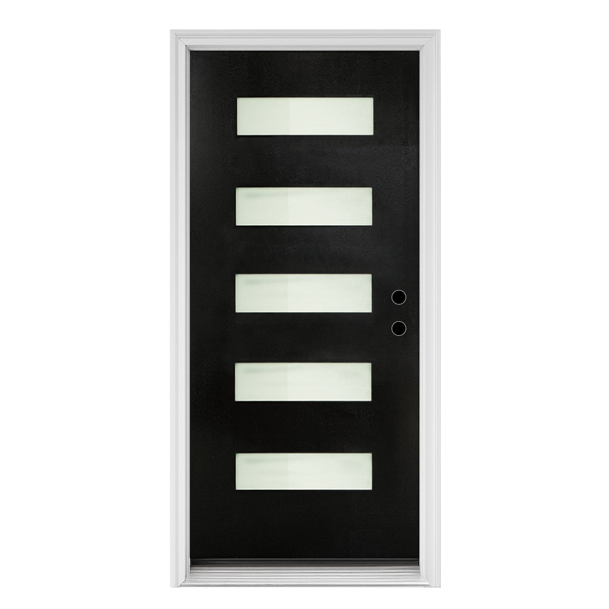 36 x 80 Fiberglass Entry Door with Brickmould, Frosted Glass, Black Finished Knock-Down Fiberglass Door - Contemporary Style for Home's Front Entrance, Left Hand Inswing with White Vinyl Frame