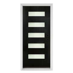 36 x 80 Fiberglass Entry Door with Brickmould, Frosted Glass, Black Finished Knock-Down Fiberglass Door - Contemporary Style for Home's Front Entrance, Left Hand Inswing with White Vinyl Frame