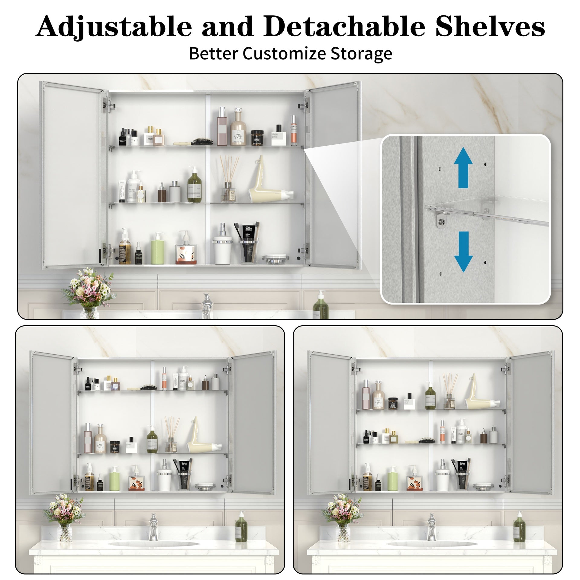 32'' x 28'' Medicine Cabinet with Mirror for Bathroom, Wall Mounted Bathroom Mirror with Storage, Adjustable Shelves, Aluminum Framework,  Surface Mount Silver