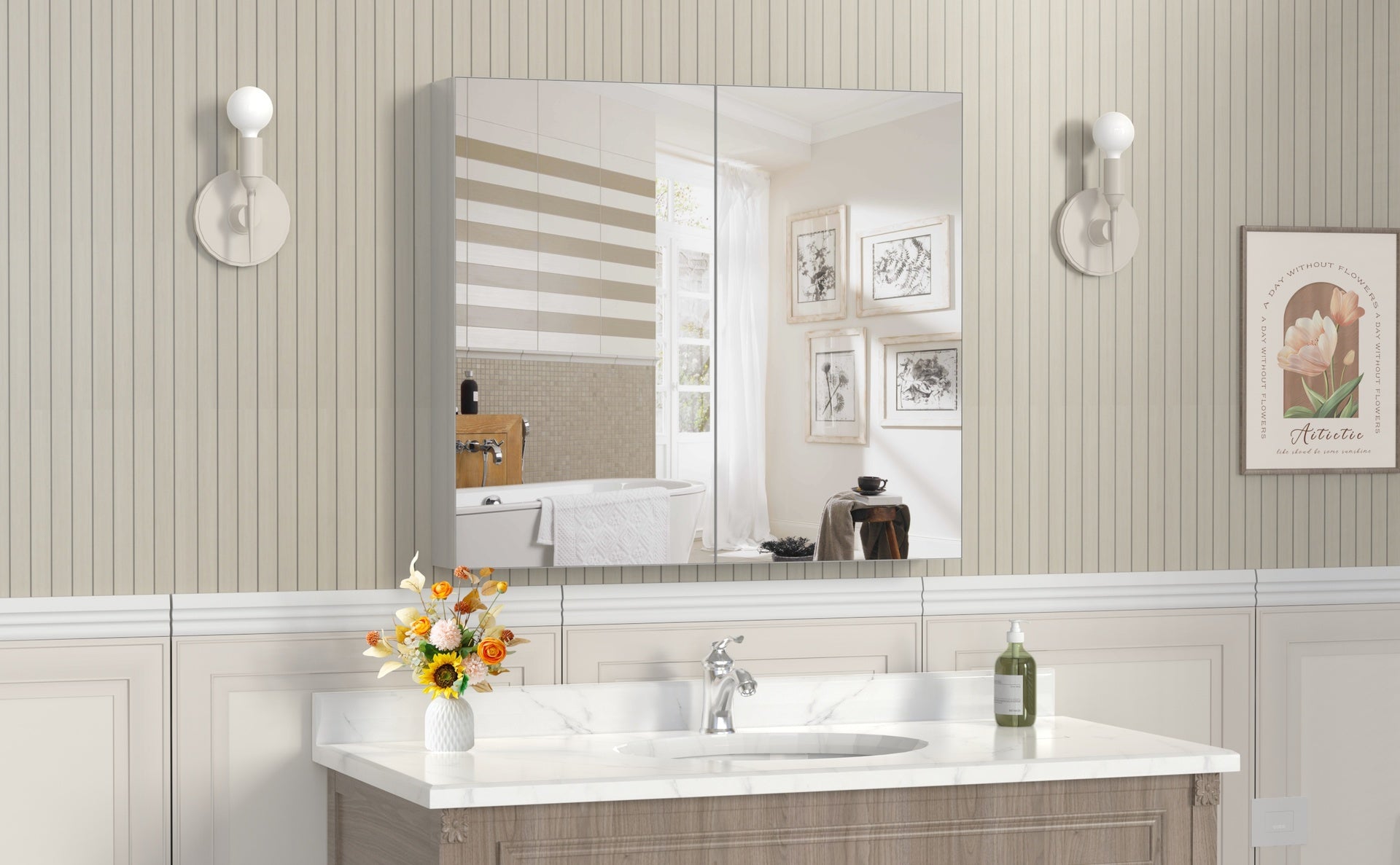 32'' x 28'' Medicine Cabinet with Mirror for Bathroom, Wall Mounted Bathroom Mirror with Storage, Adjustable Shelves, Aluminum Framework,  Surface Mount Silver