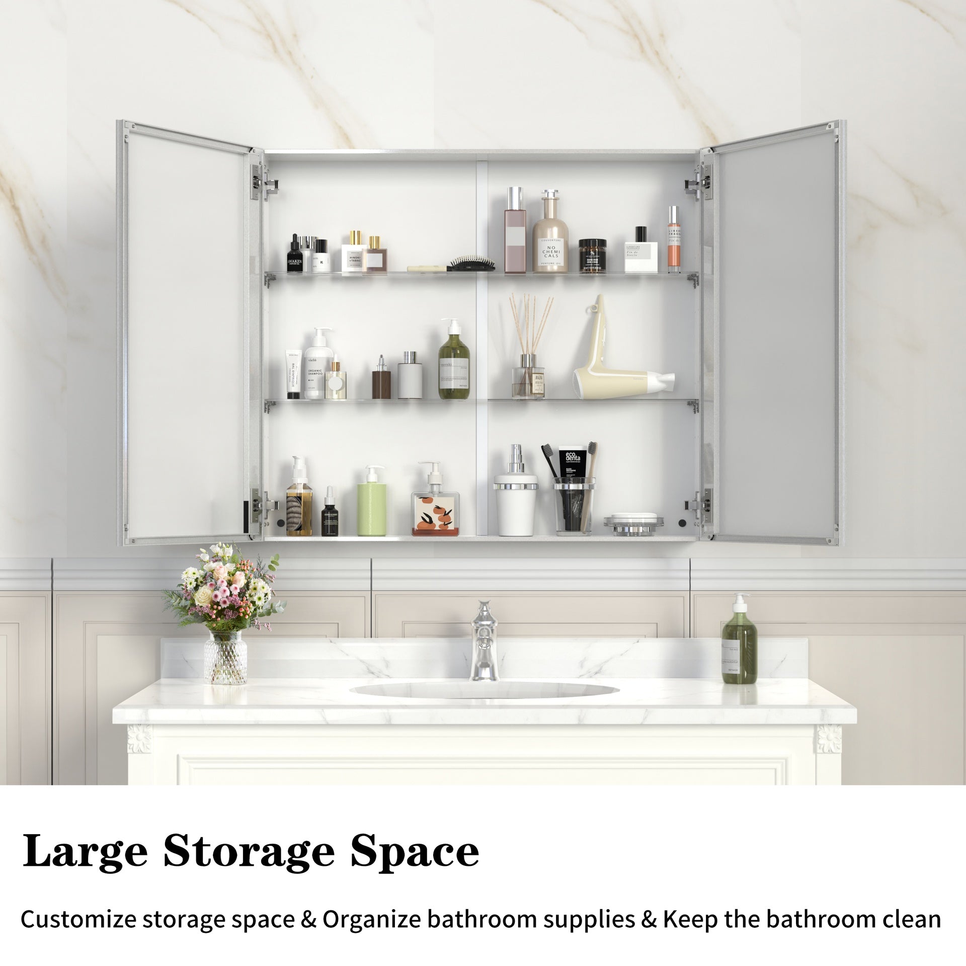 32'' x 28'' Medicine Cabinet with Mirror for Bathroom, Wall Mounted Bathroom Mirror with Storage, Adjustable Shelves, Aluminum Framework,  Surface Mount Silver