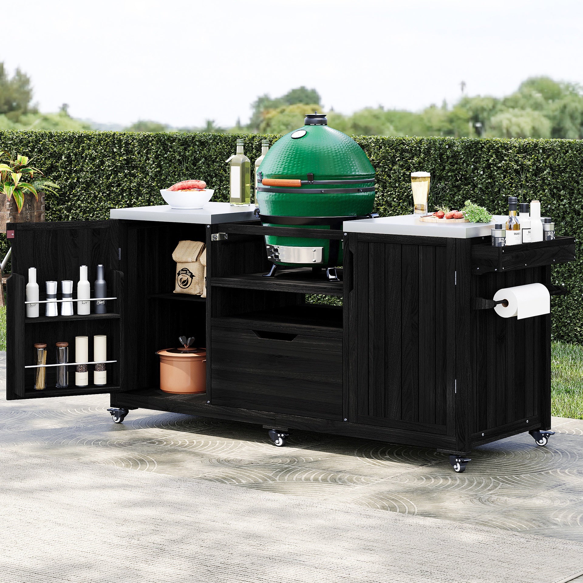 K&K 66.5" Outdoor Kitchen Island for Big Green Egg Grills, Solid Wood Outdoor Grill Cart for Tabletop Grill with Stainless Steel Top, Drawer, Compatible with Large Big Green Egg, Kamado Joe- Black