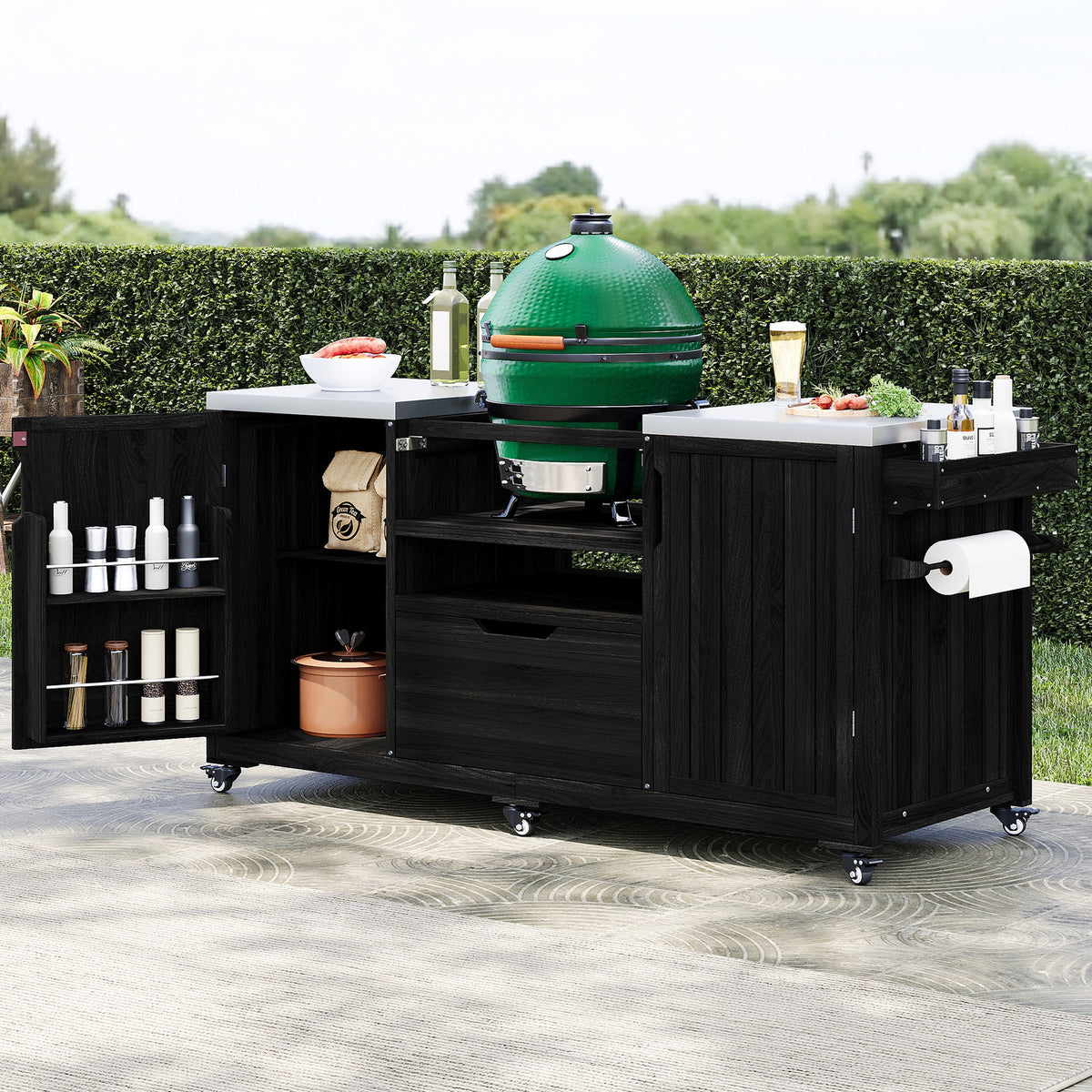 K&K 66.5" Outdoor Kitchen Island for Big Green Egg Grills, Solid Wood Outdoor Grill Cart for Tabletop Grill with Stainless Steel Top, Drawer, Compatible with Large Big Green Egg, Kamado Joe- Black