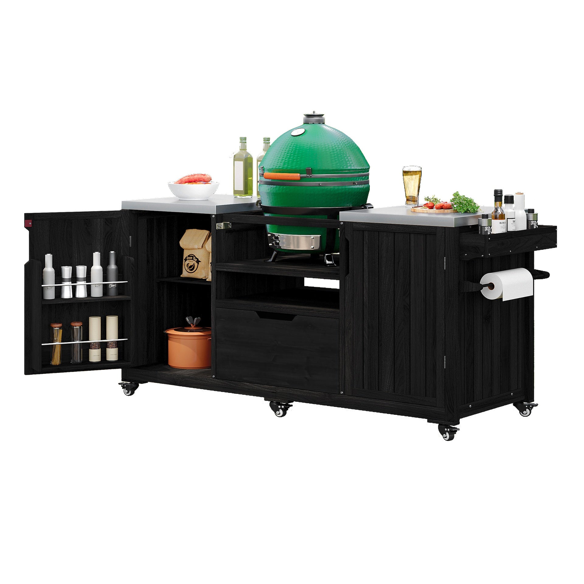K&K 66.5" Outdoor Kitchen Island for Big Green Egg Grills, Solid Wood Outdoor Grill Cart for Tabletop Grill with Stainless Steel Top, Drawer, Compatible with Large Big Green Egg, Kamado Joe- Black