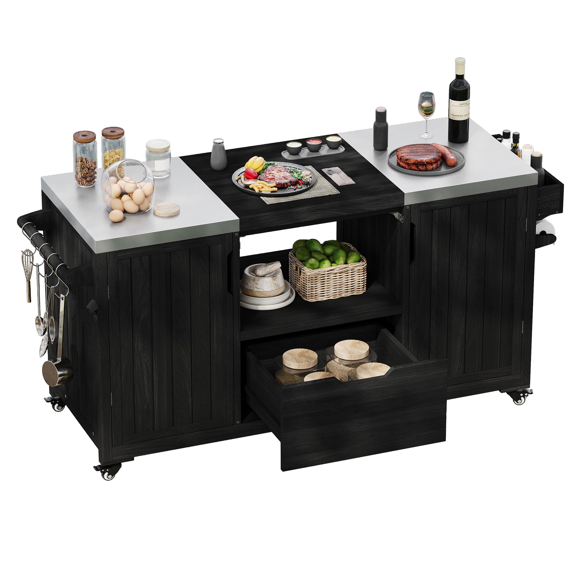 K&K 66.5" Outdoor Kitchen Island for Big Green Egg Grills, Solid Wood Outdoor Grill Cart for Tabletop Grill with Stainless Steel Top, Drawer, Compatible with Large Big Green Egg, Kamado Joe- Black