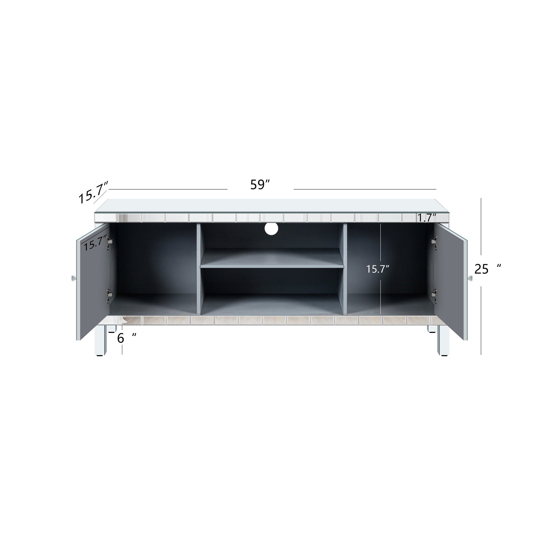 Mirrored TV Stand for 65+ inch TV,Sliver TV Console Table with Open Storage & 2 Storage Cabinets ,Diamond Shape Sparkling Mirror Doors for Living Room(59''W x 25.2''H x 15.7D)