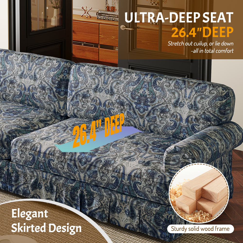 74"Luxuriously Comfortable 3-Seater Cloud Couch,Oxford Fabric Sofa with Elegant Rolled Arms & Pleated Skirt Design,26.4"Extra Deep Seat Mid Century Sofa for Apartment,Office,Blue Floral