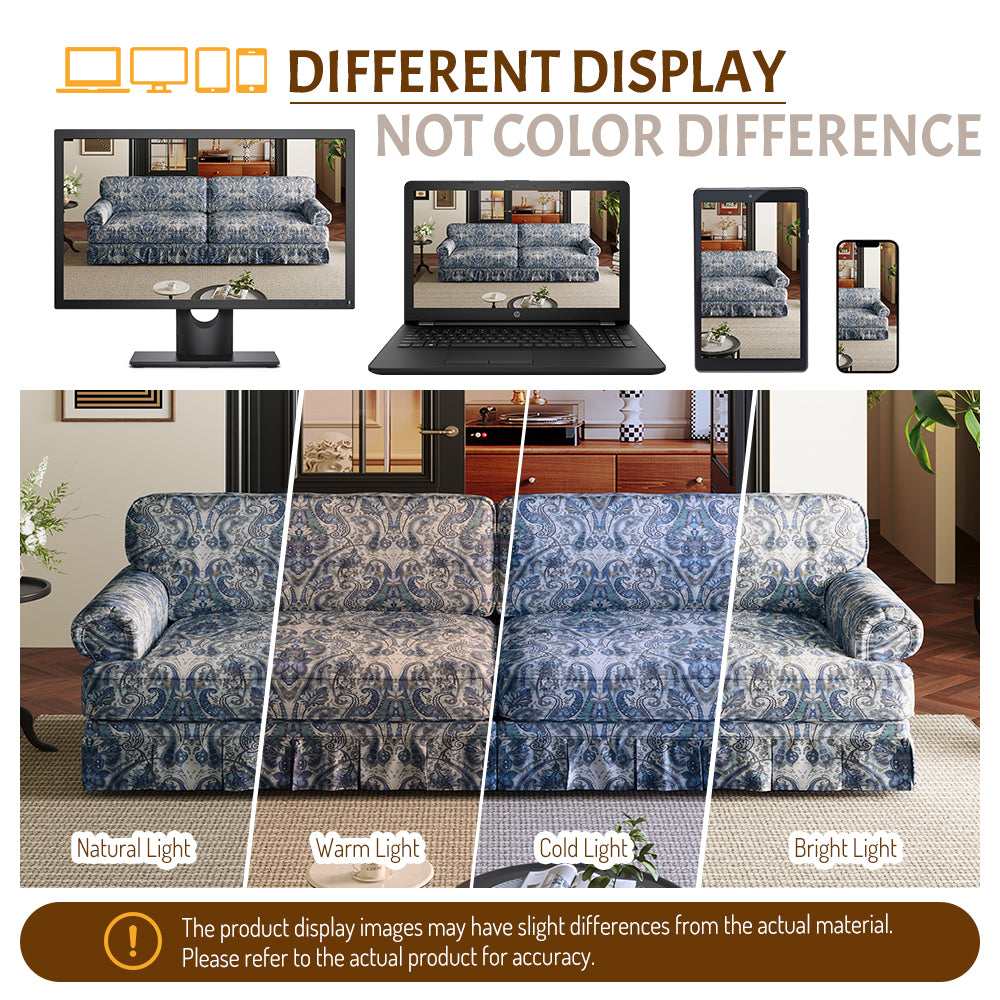 74"Luxuriously Comfortable 3-Seater Cloud Couch,Oxford Fabric Sofa with Elegant Rolled Arms & Pleated Skirt Design,26.4"Extra Deep Seat Mid Century Sofa for Apartment,Office,Blue Floral