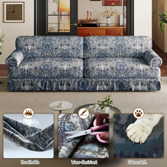 74"Luxuriously Comfortable 3-Seater Cloud Couch,Oxford Fabric Sofa with Elegant Rolled Arms & Pleated Skirt Design,26.4"Extra Deep Seat Mid Century Sofa for Apartment,Office,Blue Floral