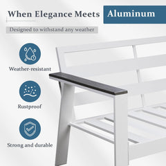 52.95" All-Weather Aluminum Patio Loveseat with Wood Armrests & Angled Backrest – White & Light Grey
