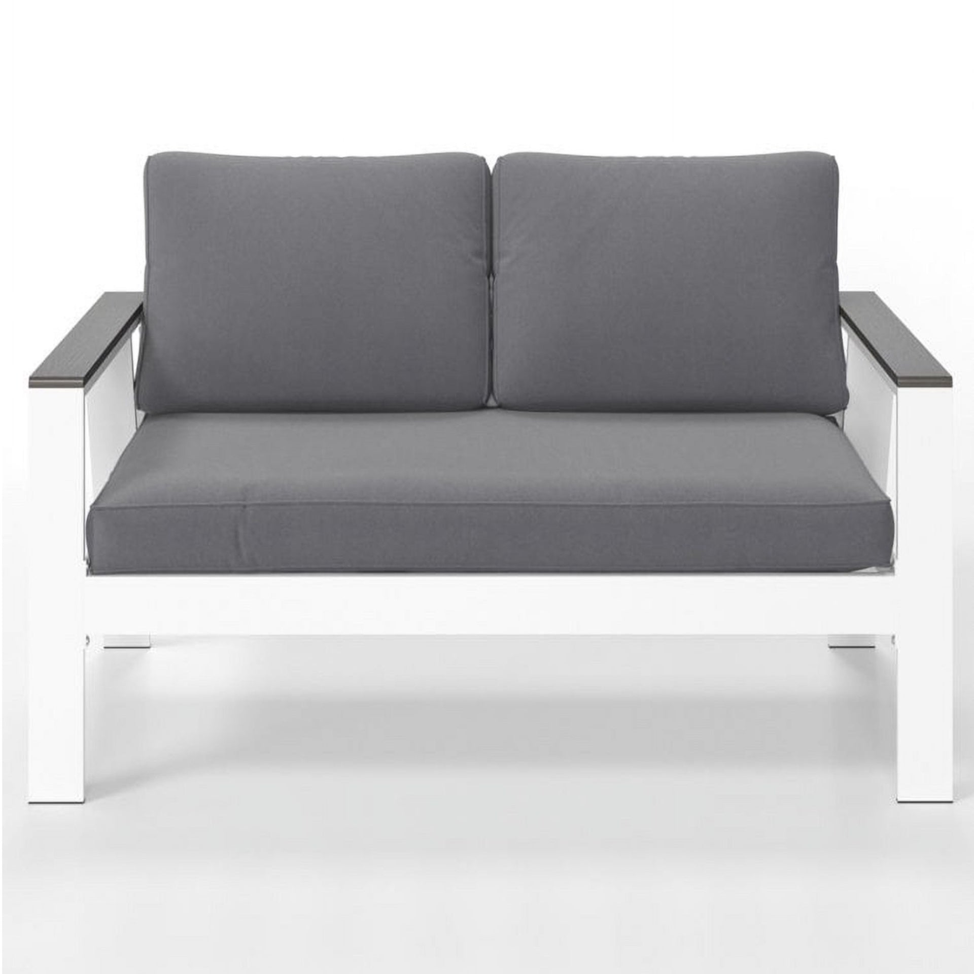 52.95" All-Weather Aluminum Patio Loveseat with Wood Armrests & Angled Backrest – White & Light Grey