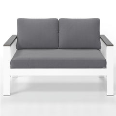52.95" All-Weather Aluminum Patio Loveseat with Wood Armrests & Angled Backrest – White & Light Grey