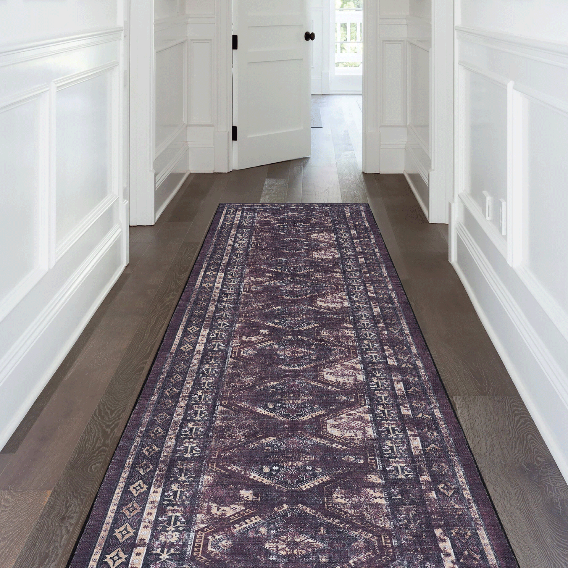 MAVAL Black Washable Rug 2'6'' x 10' Runner Rug (Black+Burgundy, 2'6'' x 10')