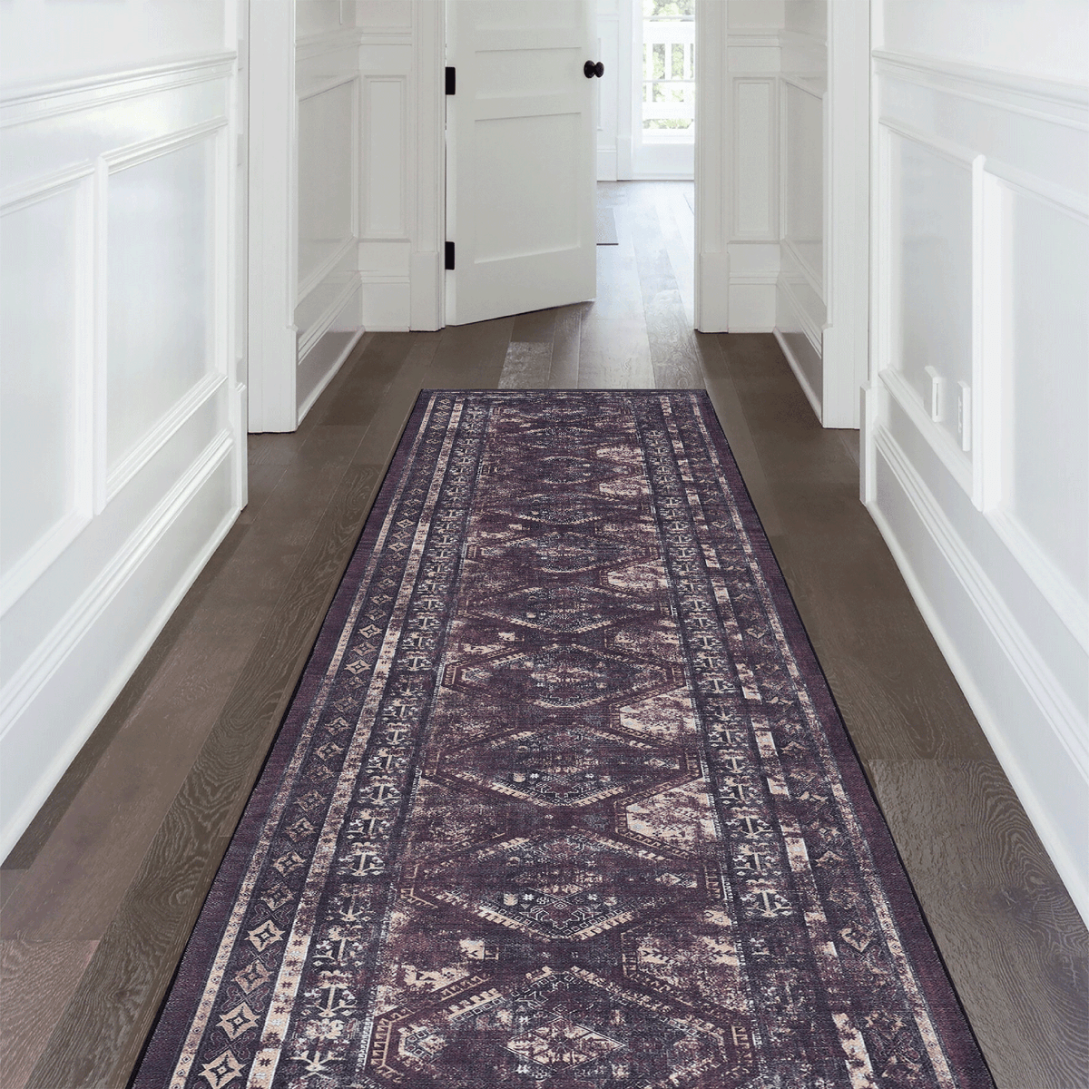 MAVAL Black Washable Rug 2'6'' x 10' Runner Rug (Black+Burgundy, 2'6'' x 10')
