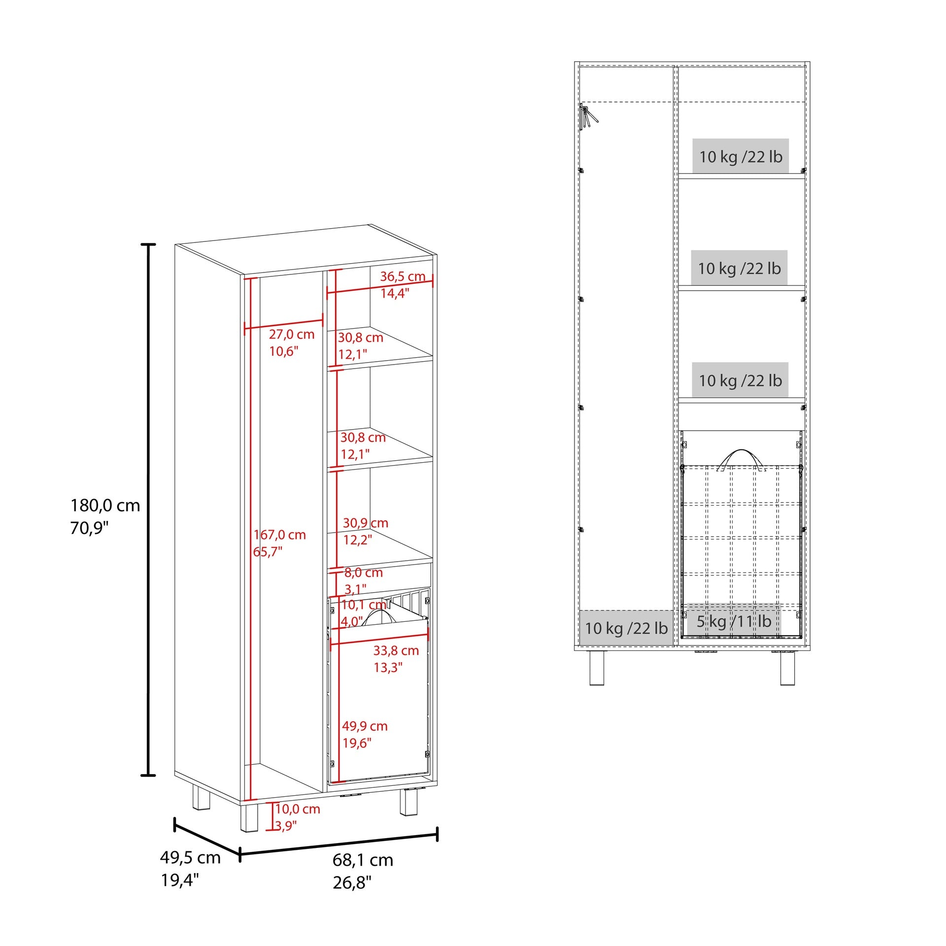 Iris 71" High Two-Door Broom Closet With Hamper, Four Shelves, Hangers, Storage Closet, Pantry Cabinet