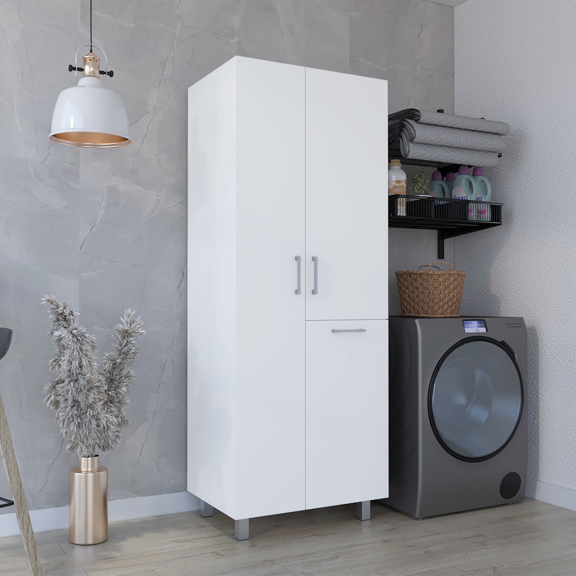 Iris 71" High Two-Door Broom Closet With Hamper, Four Shelves, Hangers, Storage Closet, Pantry Cabinet