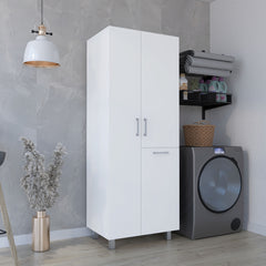 Iris 71" High Two-Door Broom Closet With Hamper, Four Shelves, Hangers, Storage Closet, Pantry Cabinet