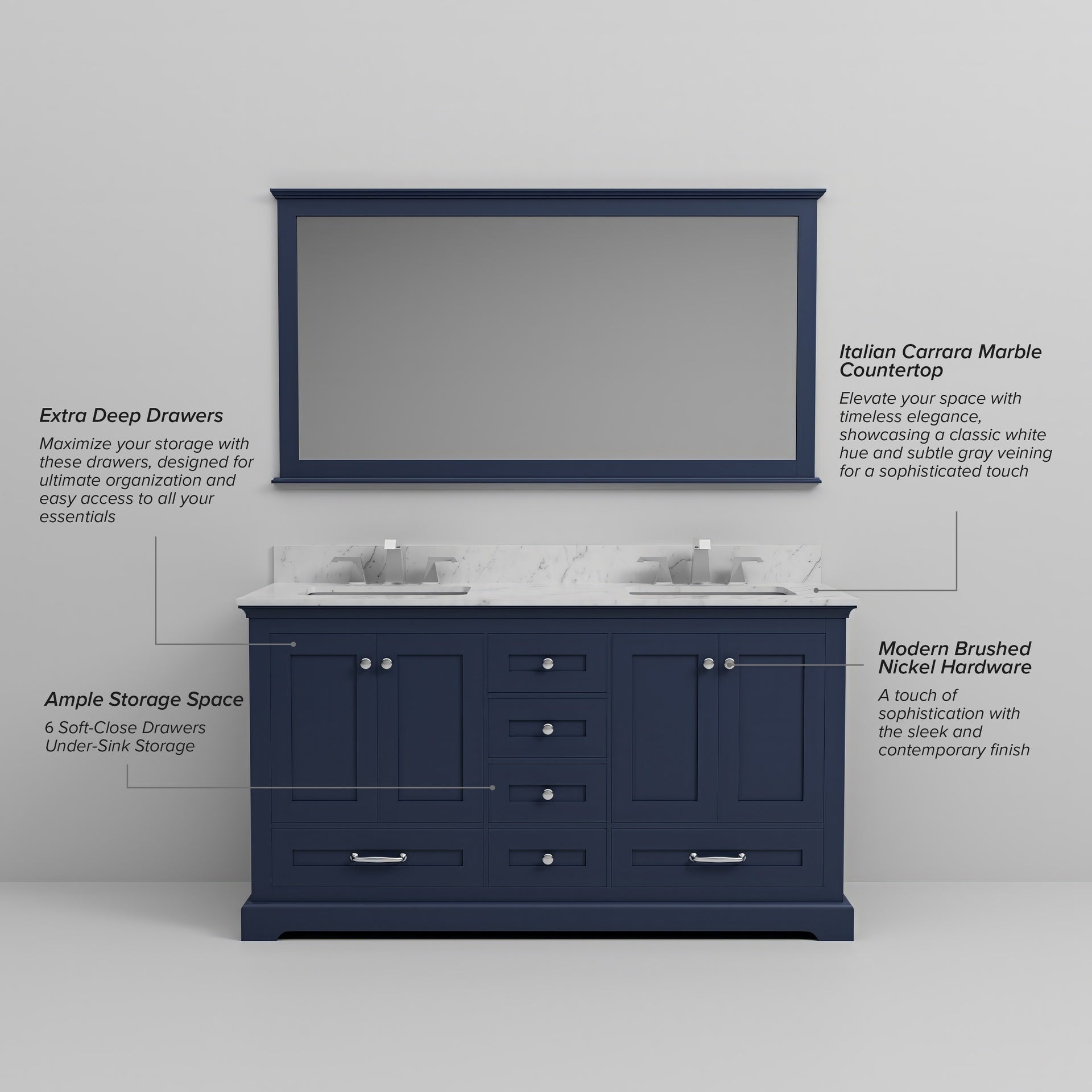 Navy Blue Double Bath Vanity 60 in. W x 22 in. D, and 58 in. Mirror