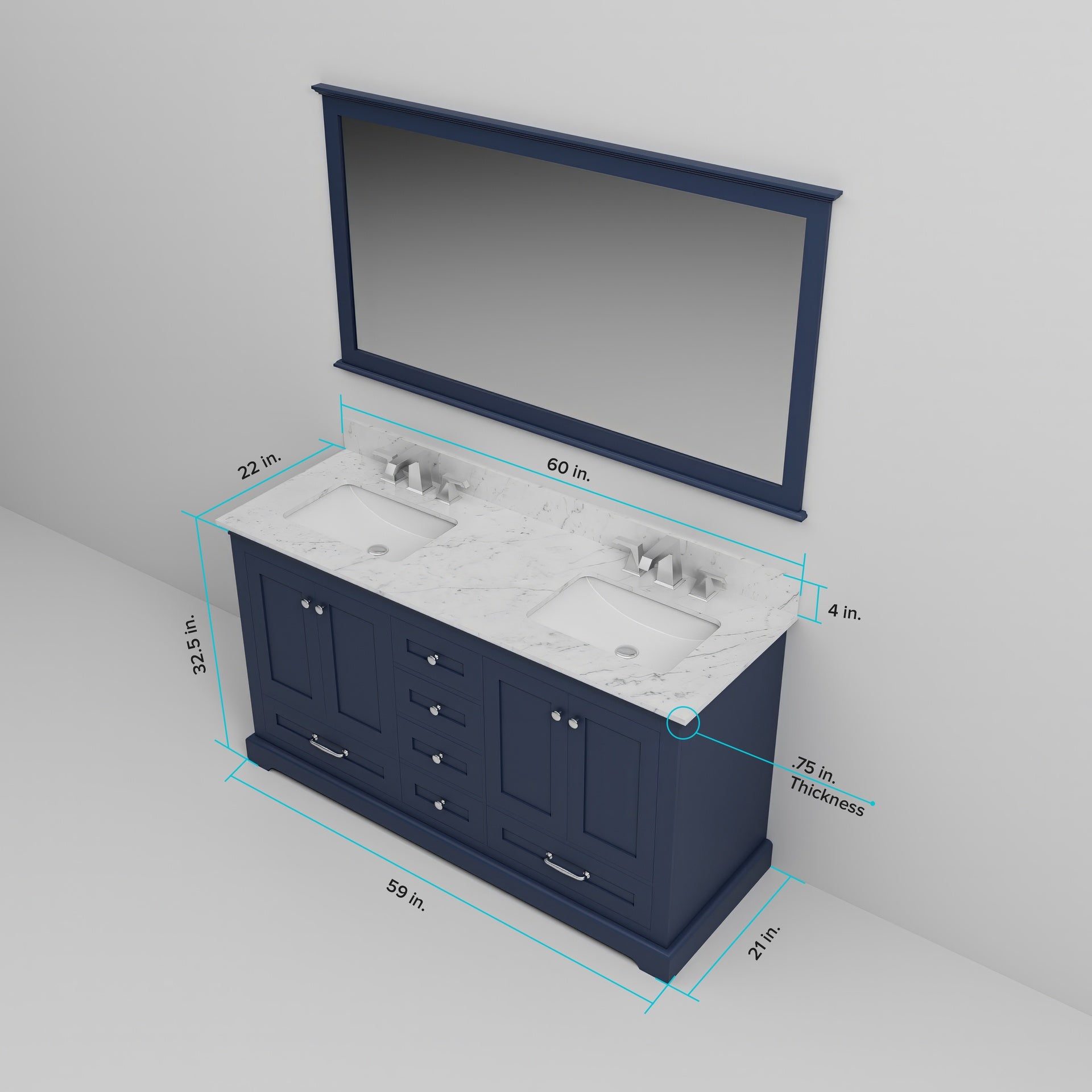 Navy Blue Double Bath Vanity 60 in. W x 22 in. D, and 58 in. Mirror