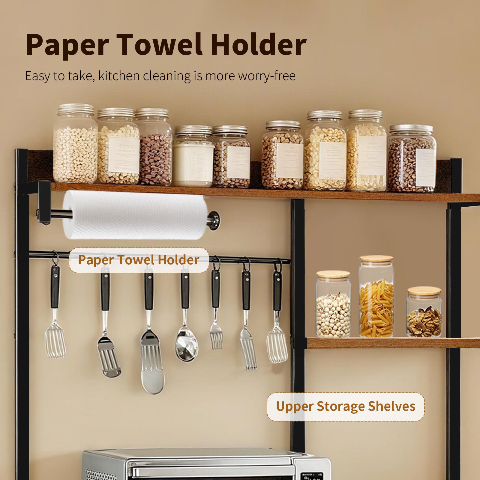 Bakers Rack with Power Outlet, Microwave Stand with Storage, Coffee Bar with S-Shaped Hooks, Kitchen Shelf with Wire Basket, Metal Bakers Rack for Spices, Pots (Brown)