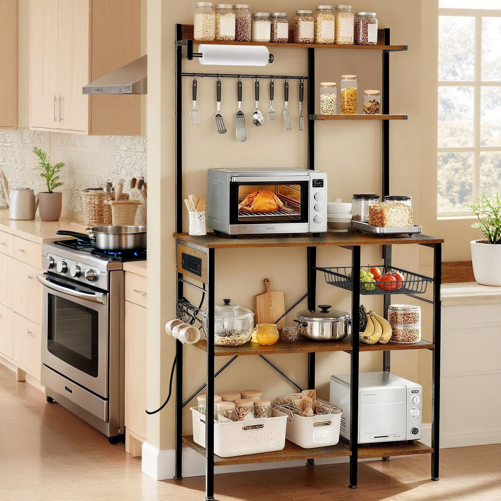 Bakers Rack with Power Outlet, Microwave Stand with Storage, Coffee Bar with S-Shaped Hooks, Kitchen Shelf with Wire Basket, Metal Bakers Rack for Spices, Pots (Brown)