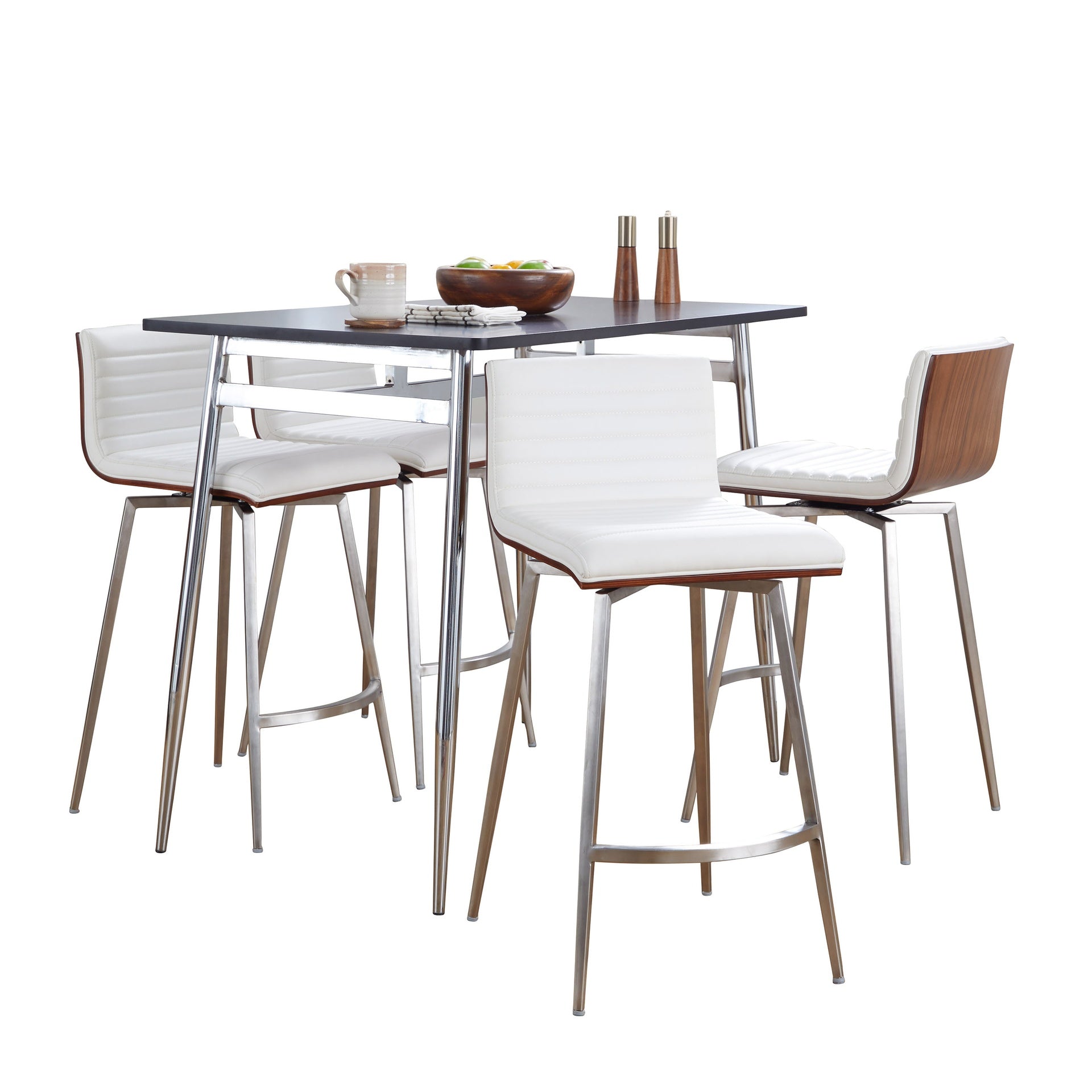 Marcel-Mason Swivel Contemporary Counter Height Dining Set in Chrome Metal with Black Wood Tabletop and Stainless Steel, Walnut Wood with White Faux Leather by LumiSource - 5 Piece