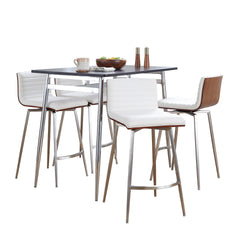Marcel-Mason Swivel Contemporary Counter Height Dining Set in Chrome Metal with Black Wood Tabletop and Stainless Steel, Walnut Wood with White Faux Leather by LumiSource - 5 Piece