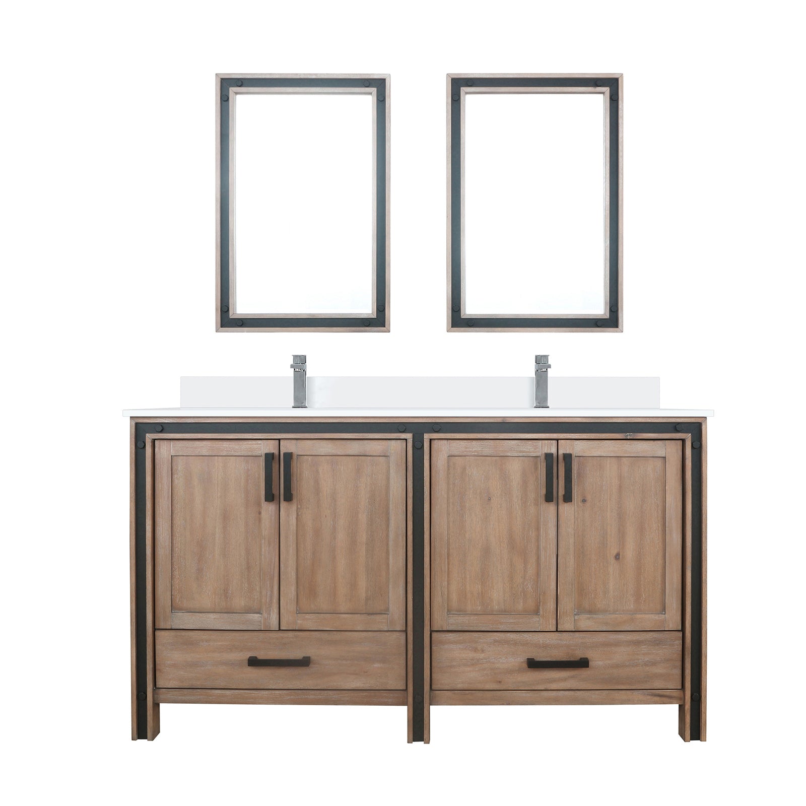 Rustic Barnwood Double Bath Vanity 60 in. W x 22 in. D, White Quartz Top, Faucet Set and 22 in. Mirrors