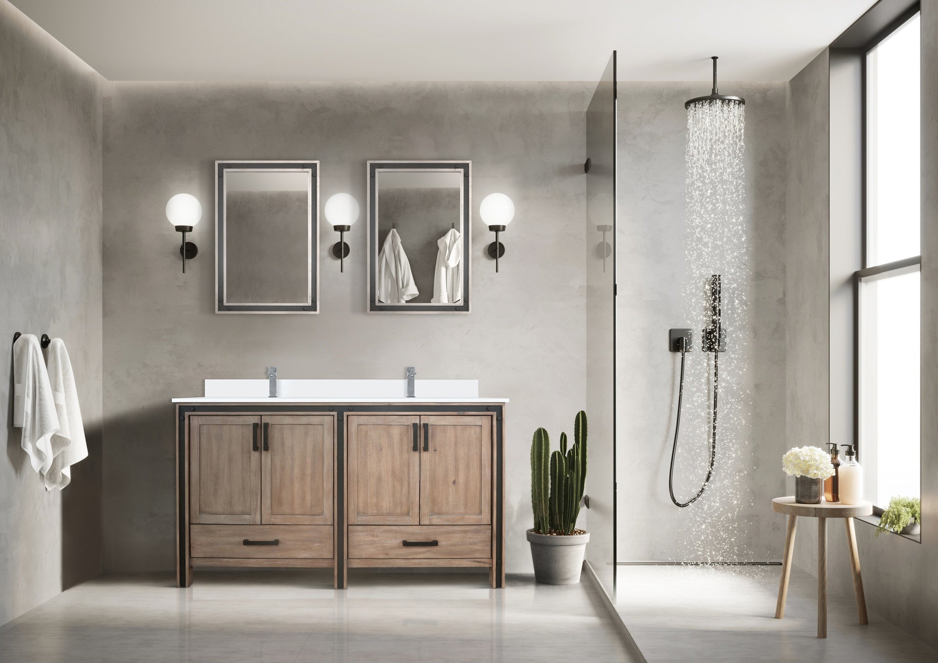 Rustic Barnwood Double Bath Vanity 60 in. W x 22 in. D, White Quartz Top, Faucet Set and 22 in. Mirrors