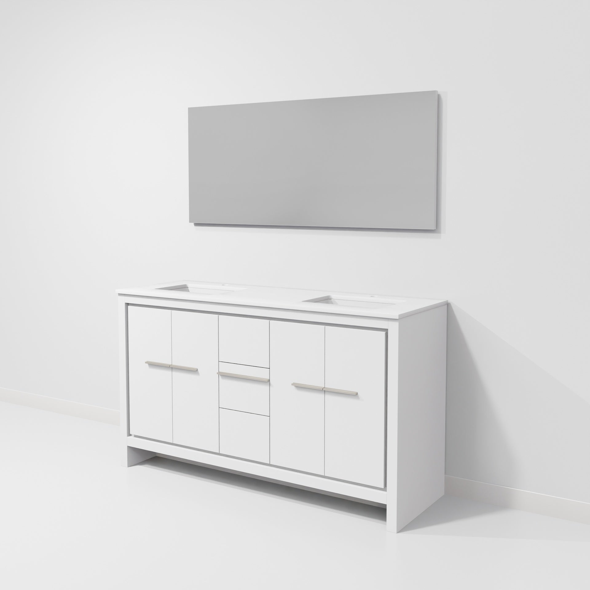 White Double Bath Vanity 60 in. W x 20 in. D, White Quartz Top and 55 in. Mirror