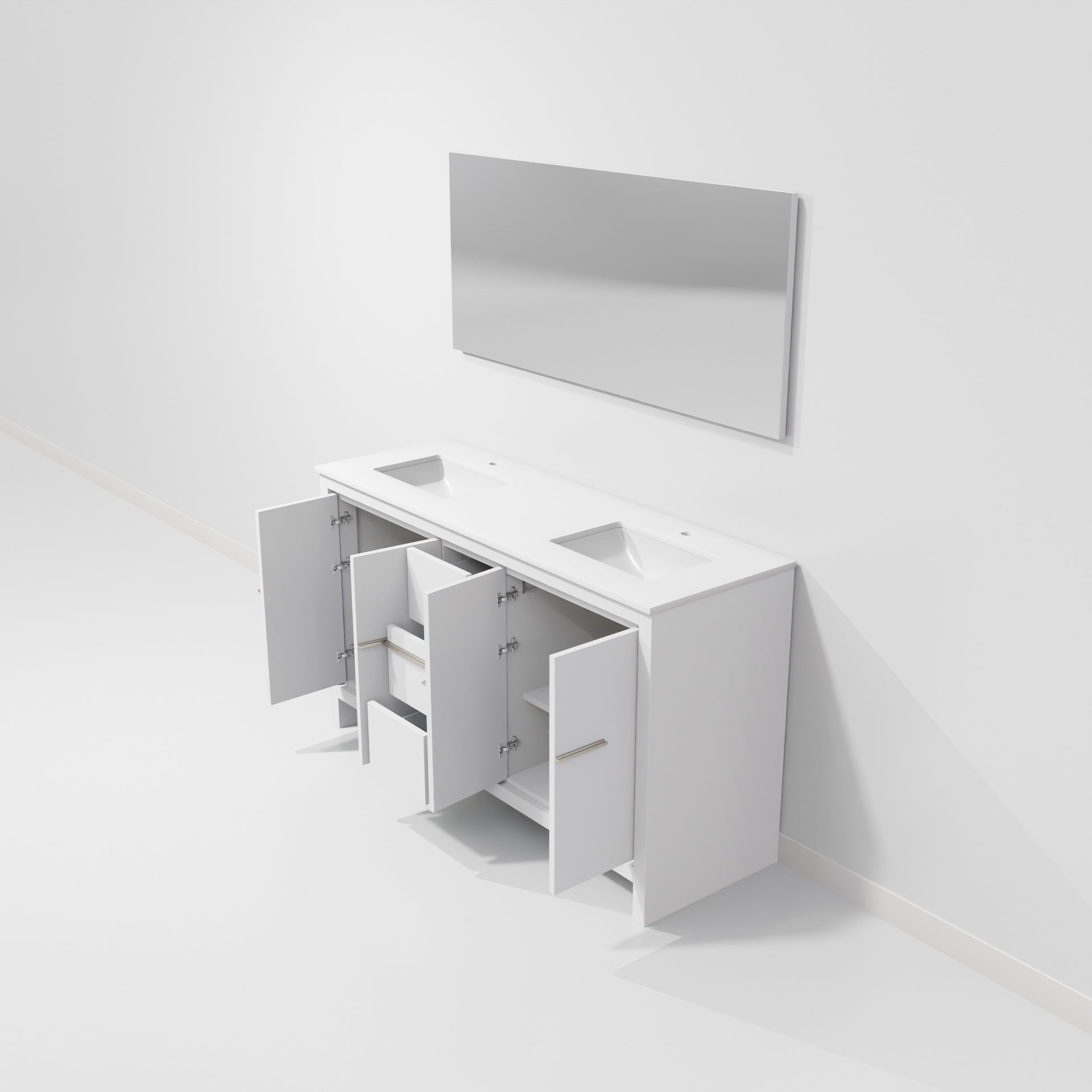 White Double Bath Vanity 60 in. W x 20 in. D, Cultured Marble Top and 55 in. Mirror
