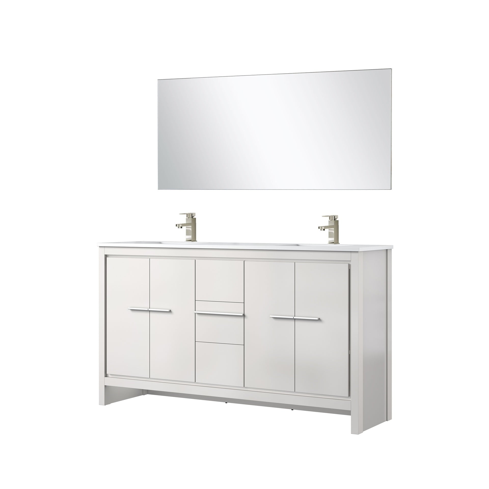 White Double Bath Vanity 60 in. W x 20 in. D, White Quartz Top, Brushed Nickel Faucet Set and 55 in. Mirror