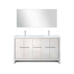 White Double Bath Vanity 60 in. W x 20 in. D, White Quartz Top, Brushed Nickel Faucet Set and 55 in. Mirror