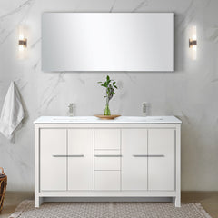 White Double Bath Vanity 60 in. W x 20 in. D, White Quartz Top, Brushed Nickel Faucet Set and 55 in. Mirror