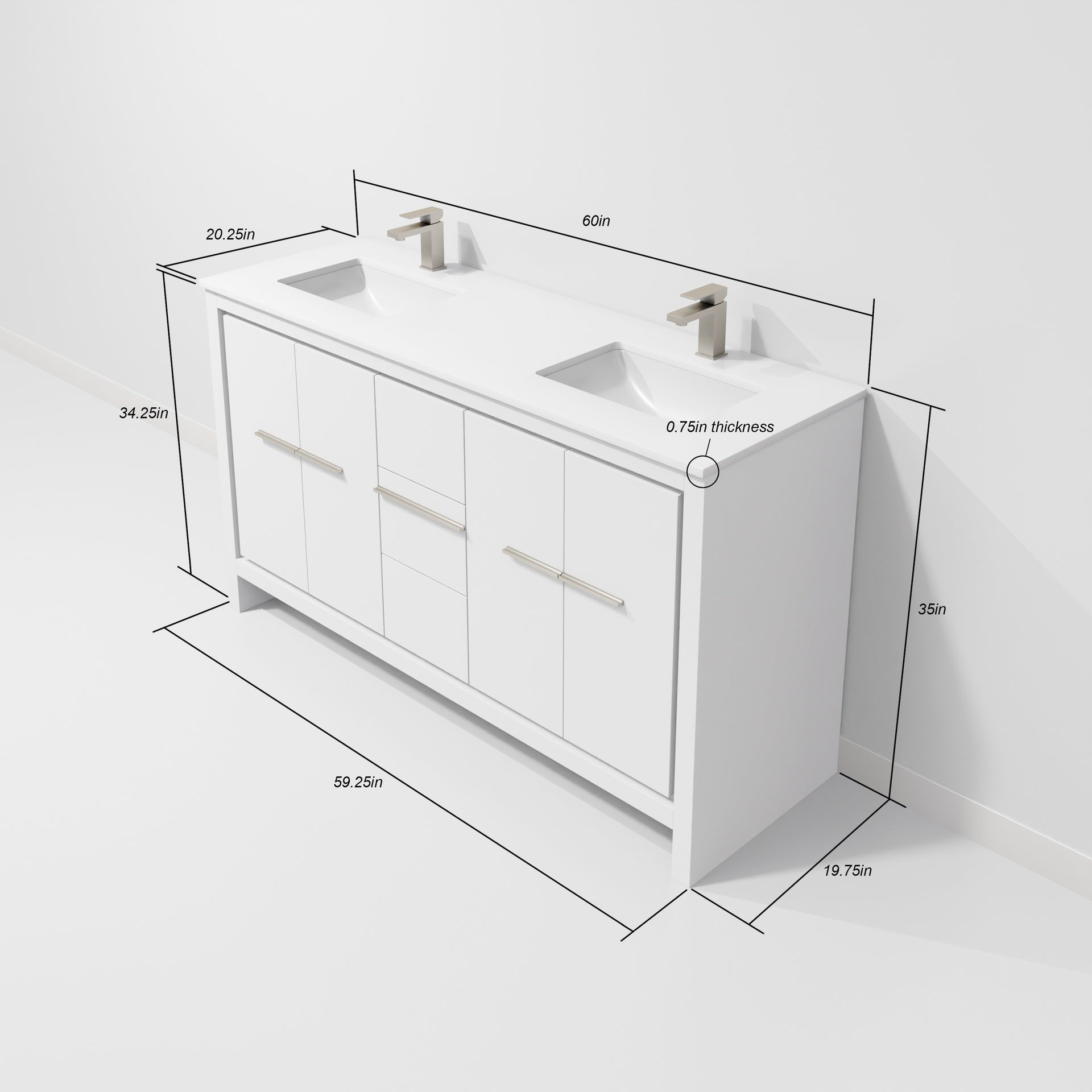 White Double Bath Vanity 60 in. W x 20 in. D, White Quartz Top, Gun Metal Faucet Set and 55 in. Mirror