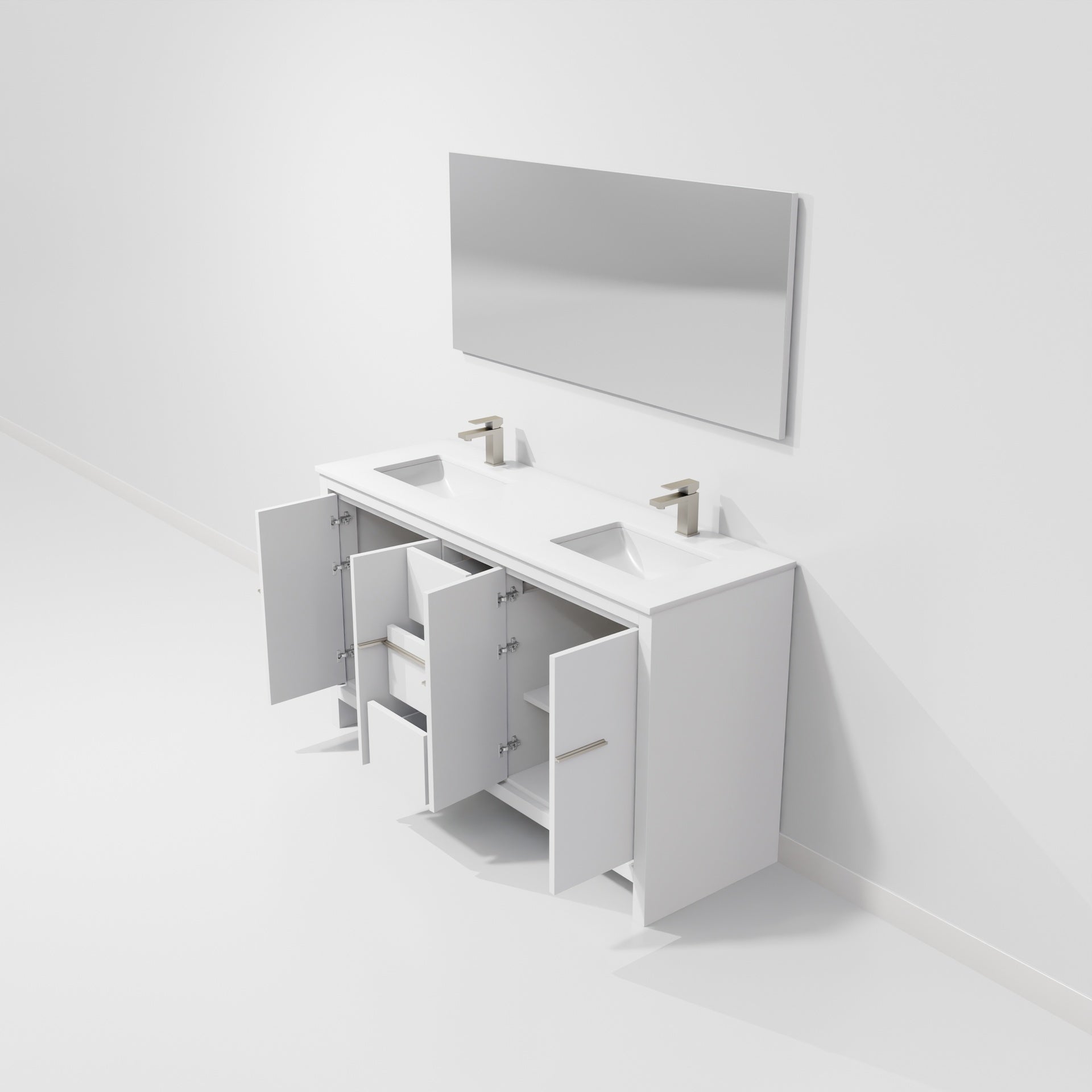 White Double Bath Vanity 60 in. W x 20 in. D, White Quartz Top, Gun Metal Faucet Set and 55 in. Mirror
