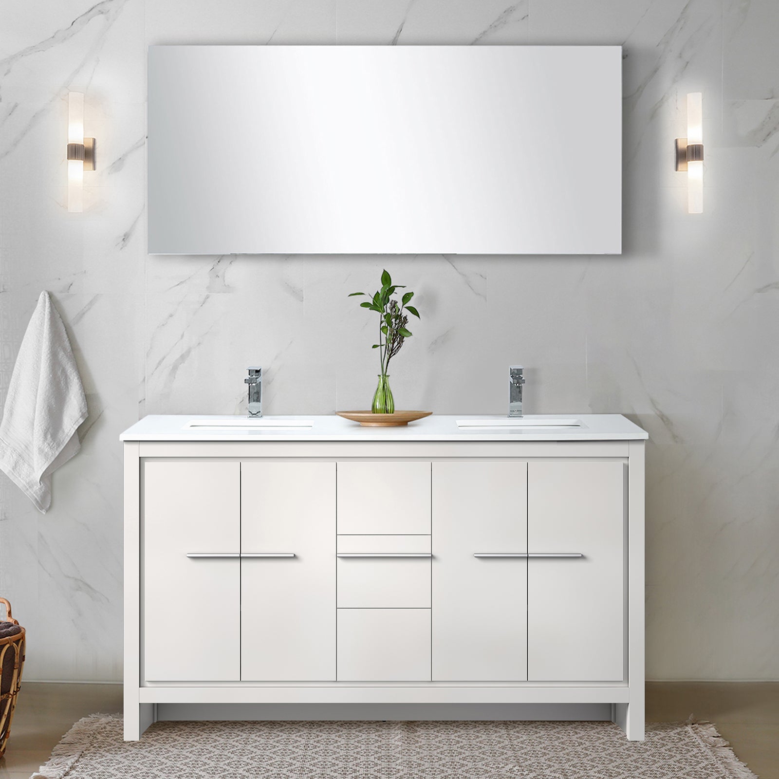 White Double Bath Vanity 60 in. W x 20 in. D, Cultured Marble Top, Chrome Faucet Set and 55 in. Mirror