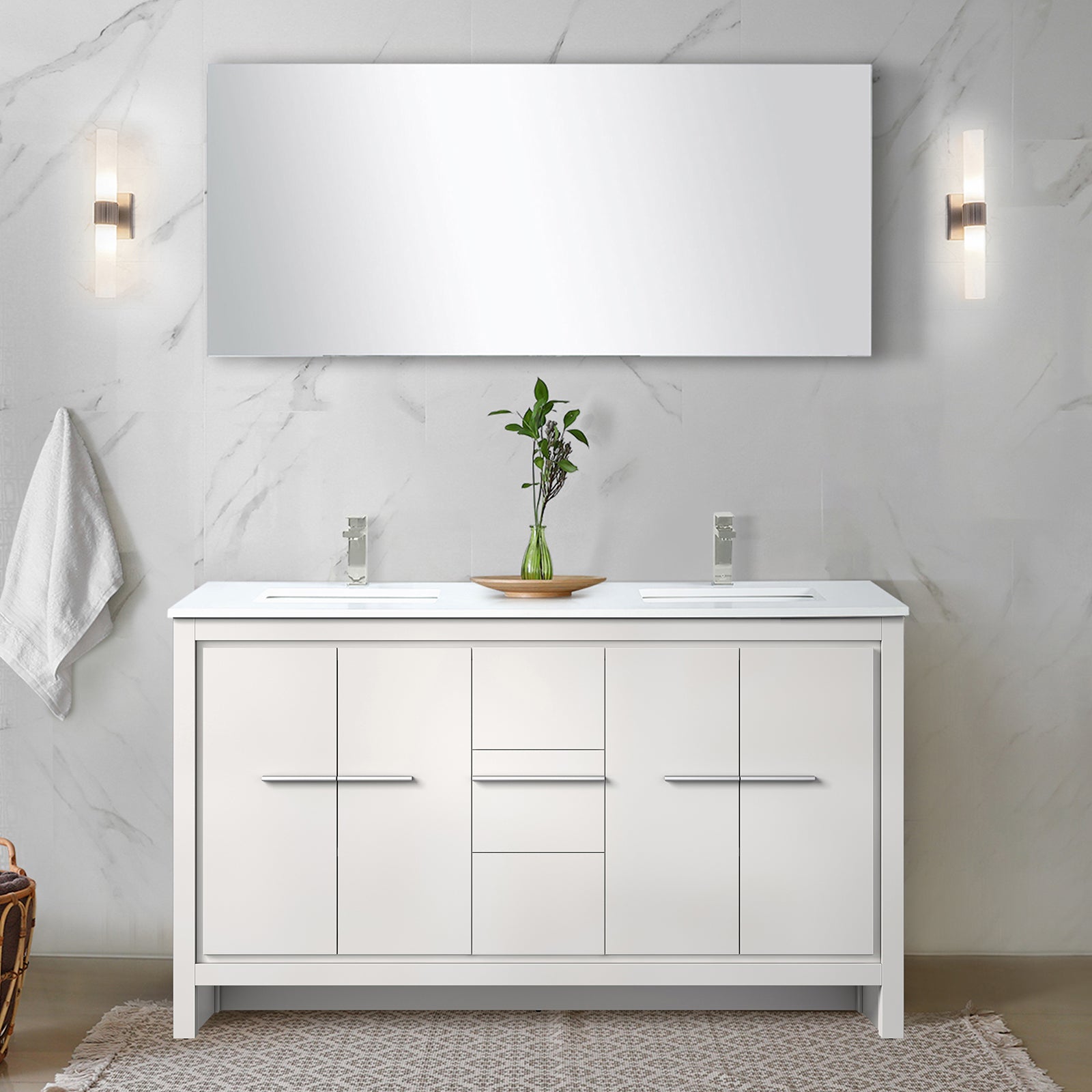 White Double Bath Vanity 60 in. W x 20 in. D, Cultured Marble Top, Brushed Nickel Faucet Set and 55 in. Mirror