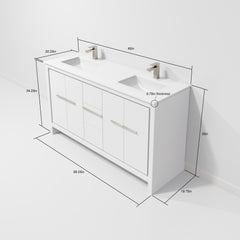White Double Bath Vanity 60 in. W x 20 in. D, Cultured Marble Top, Gun Metal Faucet Set and 55 in. Mirror