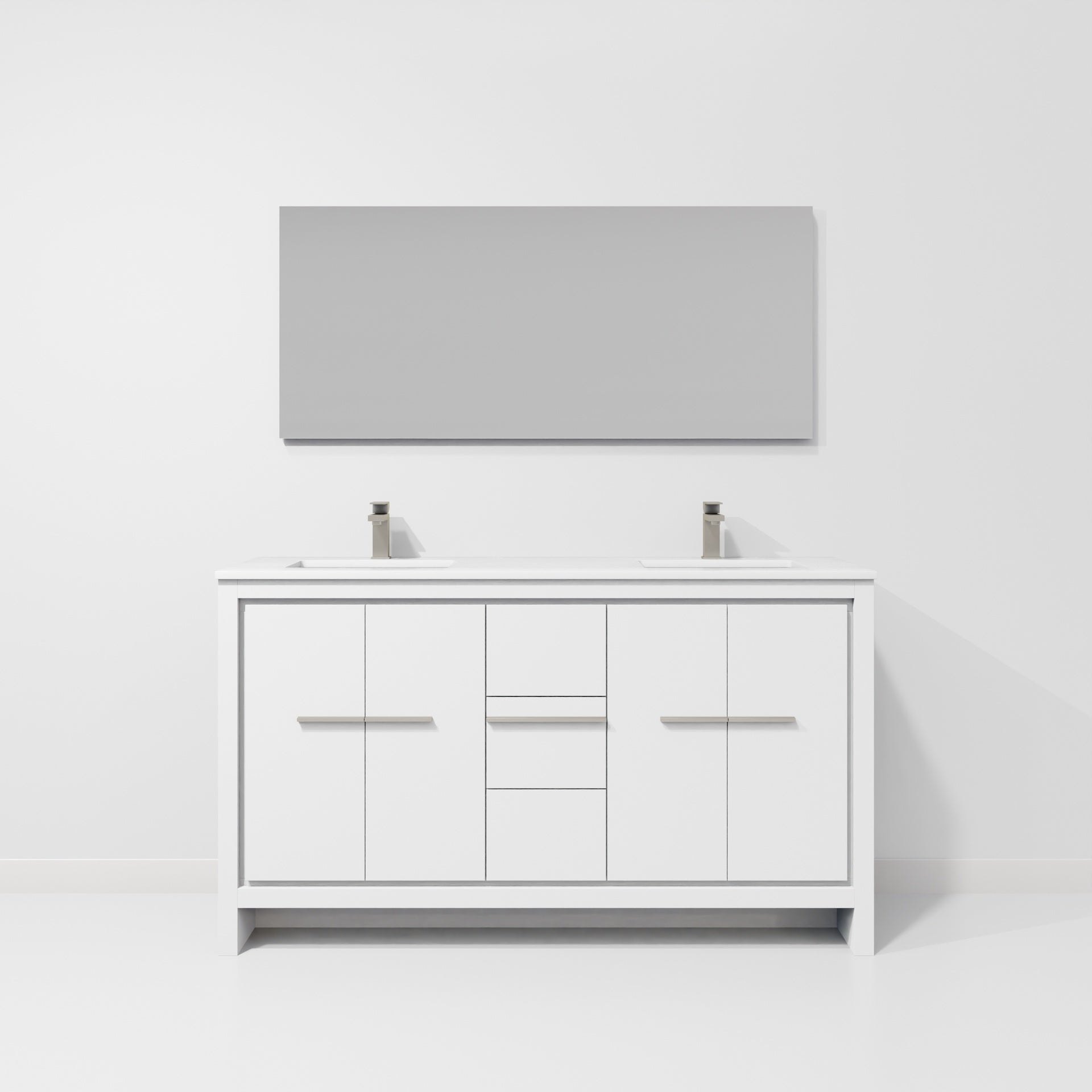 White Double Bath Vanity 60 in. W x 20 in. D, Cultured Marble Top, Gun Metal Faucet Set and 55 in. Mirror
