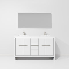 White Double Bath Vanity 60 in. W x 20 in. D, Cultured Marble Top, Gun Metal Faucet Set and 55 in. Mirror
